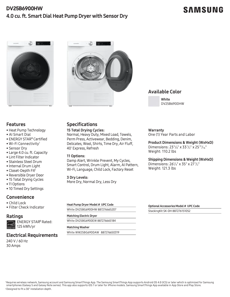 Page 1 de la notice Fiche technique Samsung DV25B6900HW
