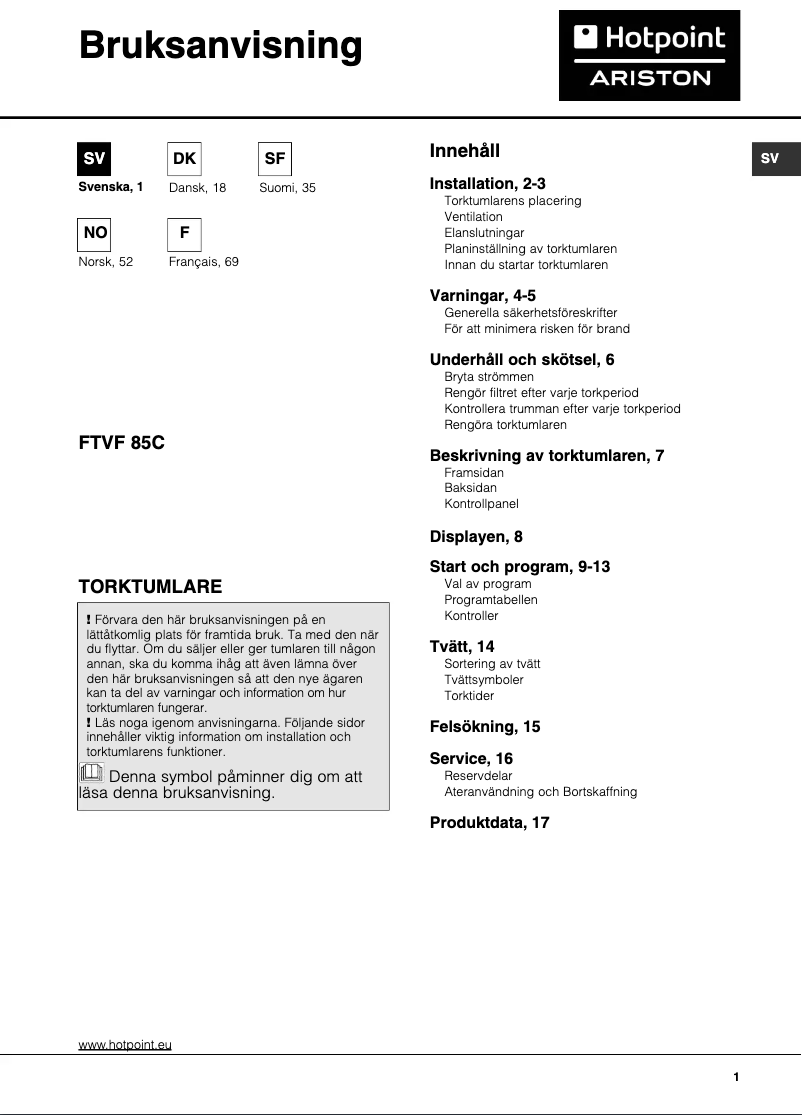 Page 1 de la notice Manuel utilisateur Hotpoint Ariston FTVF 85C
