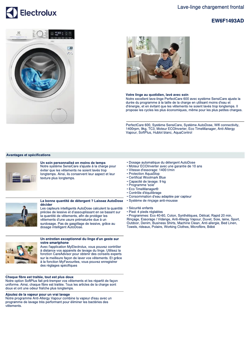 Page 1 de la notice Fiche technique Electrolux EW6F1493AD