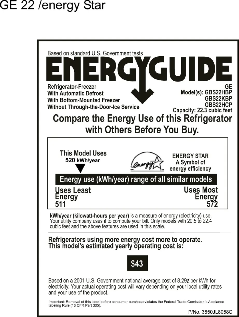 Page 1 de la notice Label énergétique GE GBS22HBPCC