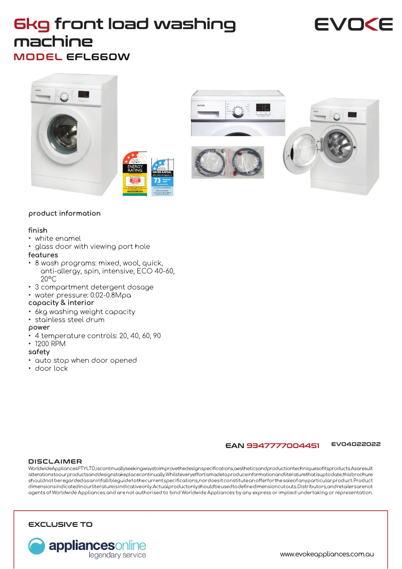 Page 1 de la notice Fiche technique Evoke EFL660W