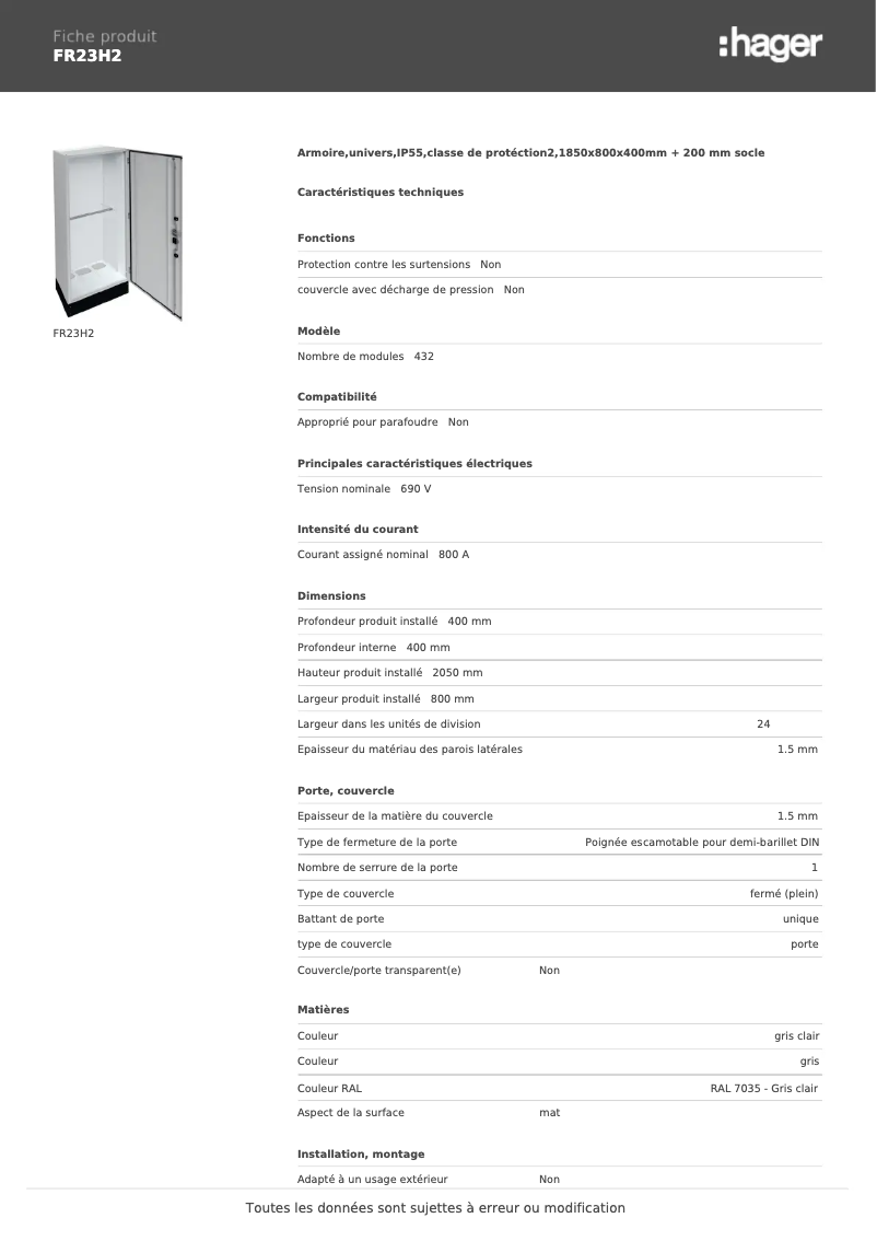 Page n°1 - Fiche technique Hager FR23H2
