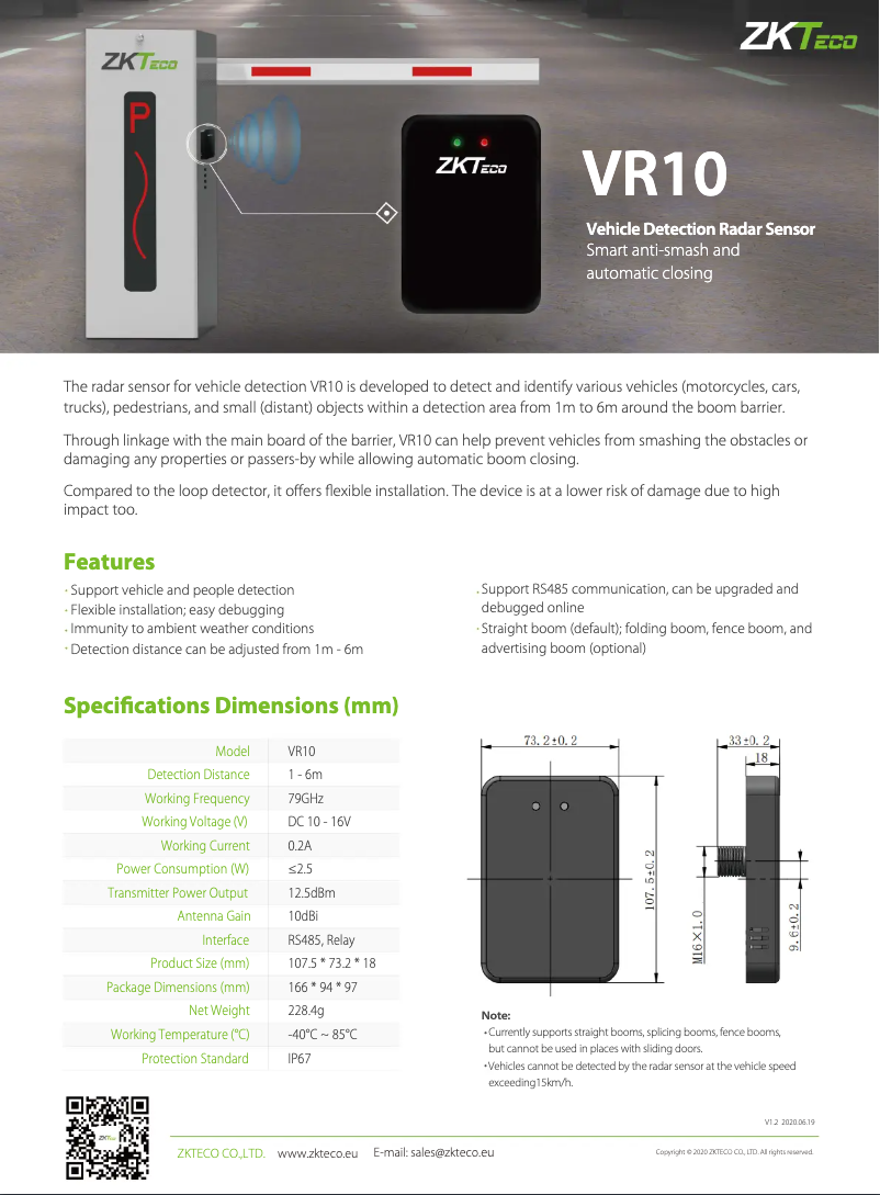 Page 1 de la notice Fiche technique ZKTeco VR10