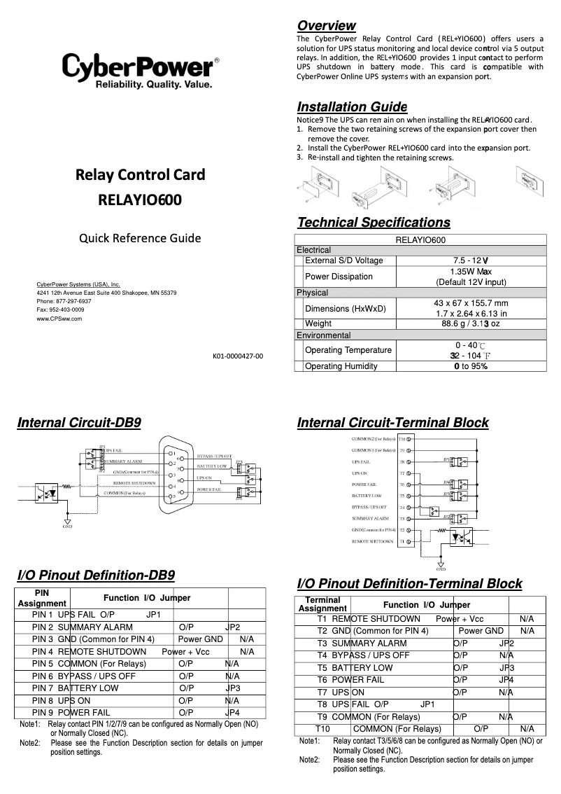 Page n°1 - Manuel utilisateur CyberPower RELAYIO600