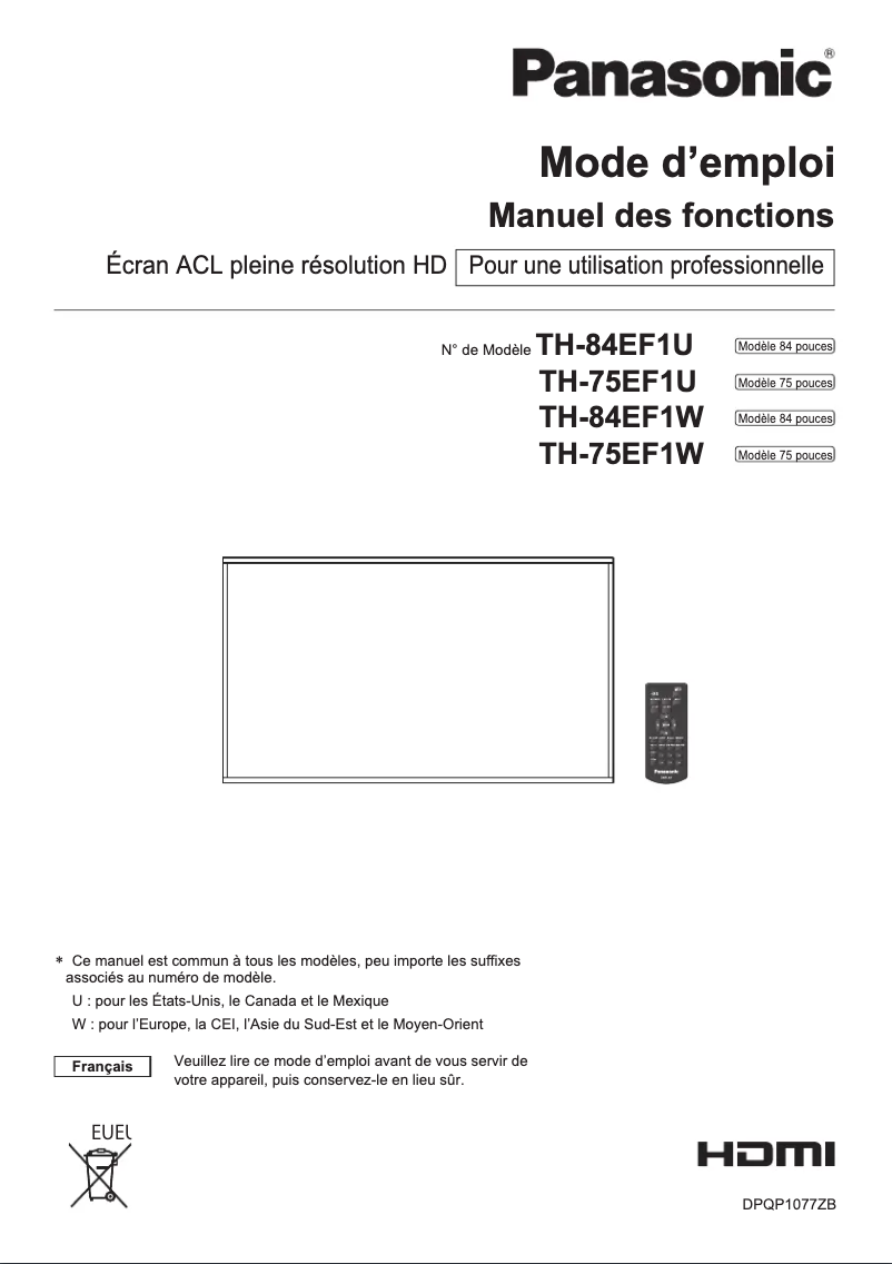 Page n°1 - Manuel utilisateur Panasonic TH-75EF1