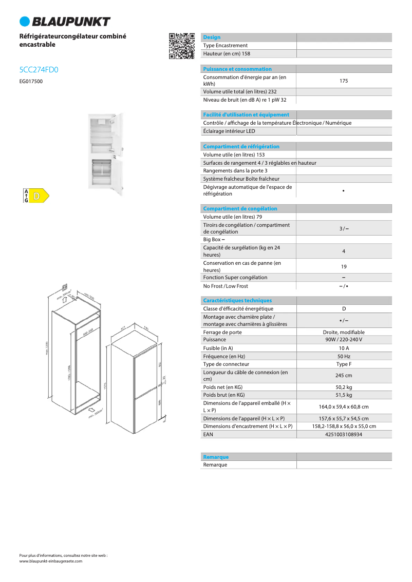 Page n°1 - Fiche technique Blaupunkt 5CC274FD0
