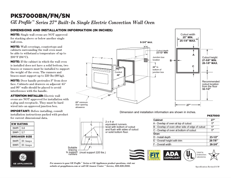 Page 1 of the manual Technical Sheet GE PKS7000SNSS