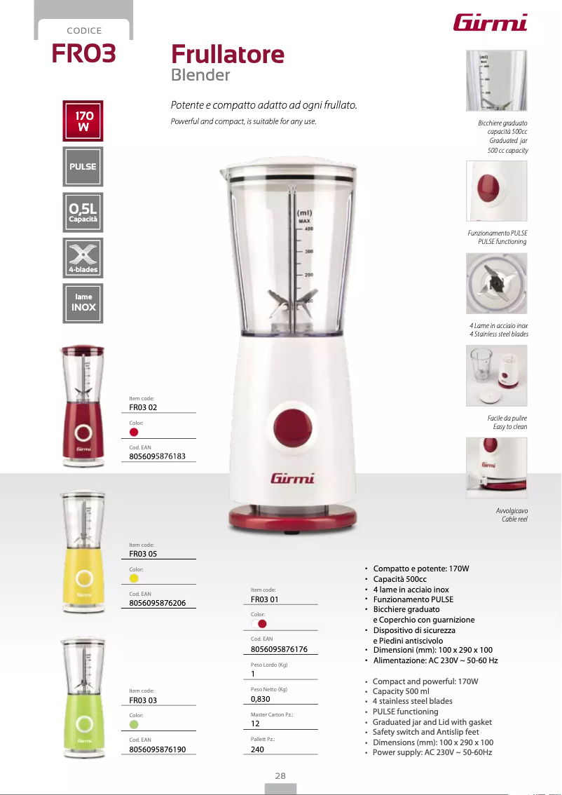 Page 1 de la notice Fiche technique Girmi FR03