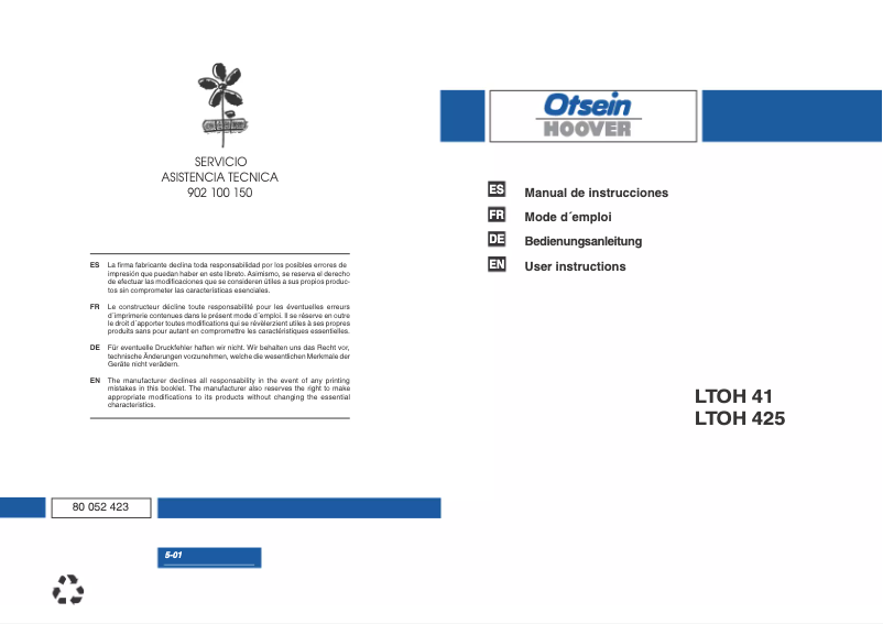 Page n°1 - Manuel utilisateur Otsein-Hoover LB LTOH 425