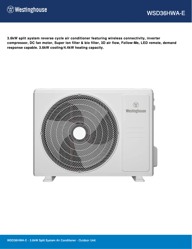 Page n°1 - Fiche technique Westinghouse WSD36HWA-E