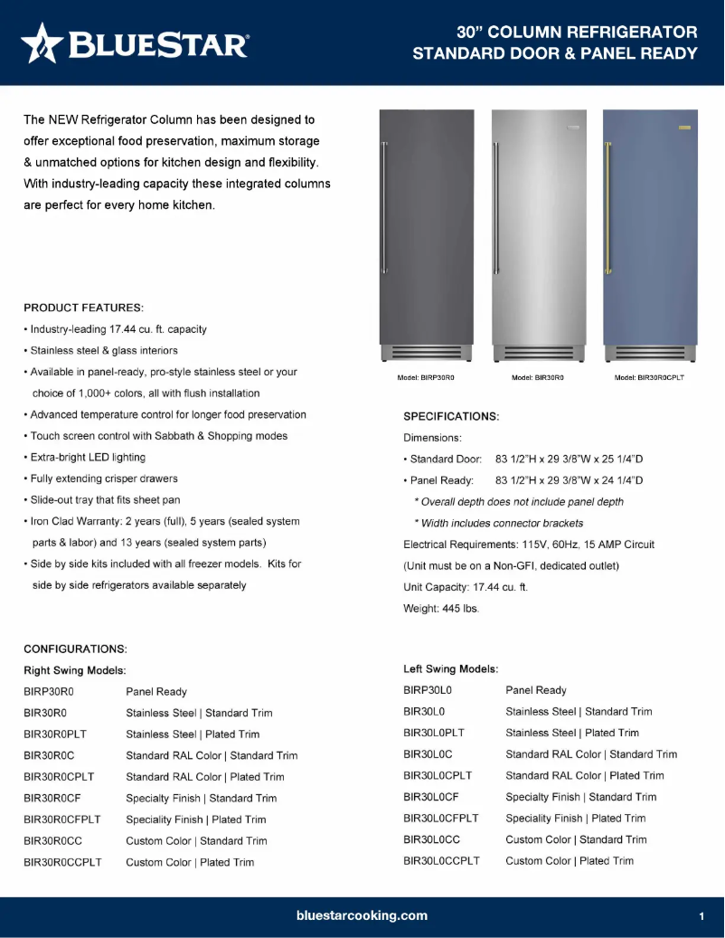 Página 1 del manual Ficha técnica BlueStar BIRP30L0
