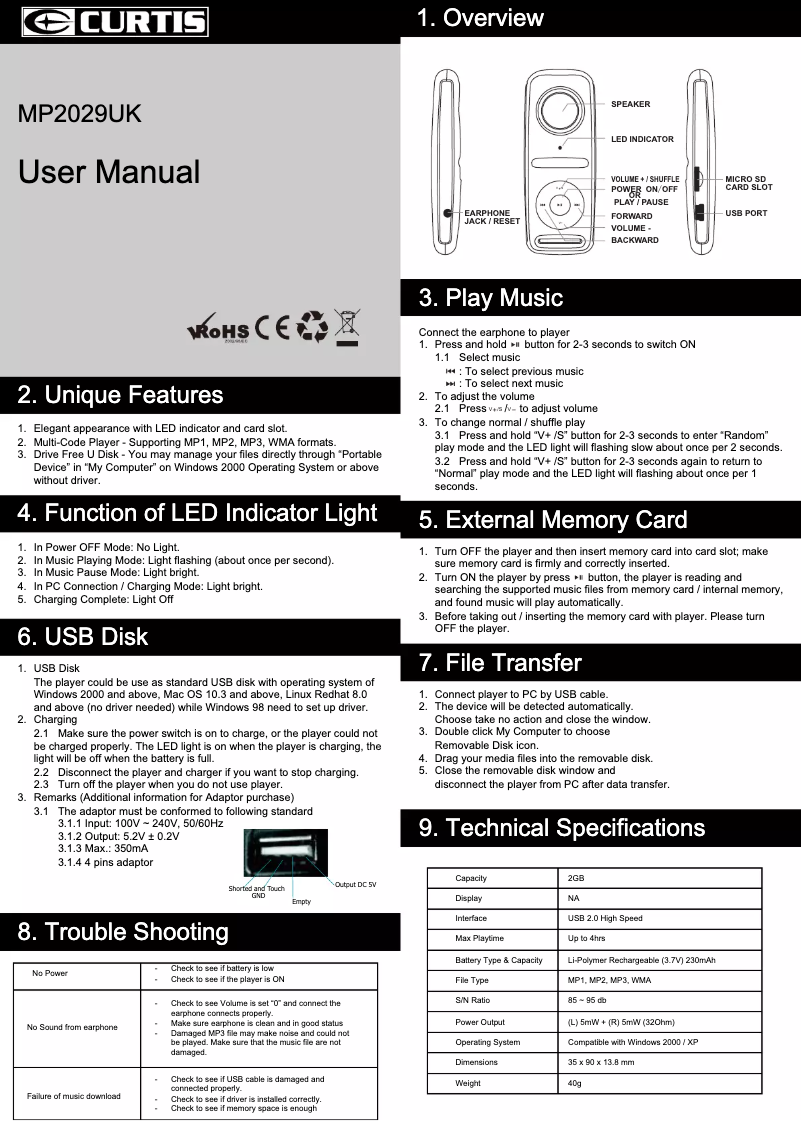 Page 1 de la notice Manuel utilisateur Curtis MP2029UK