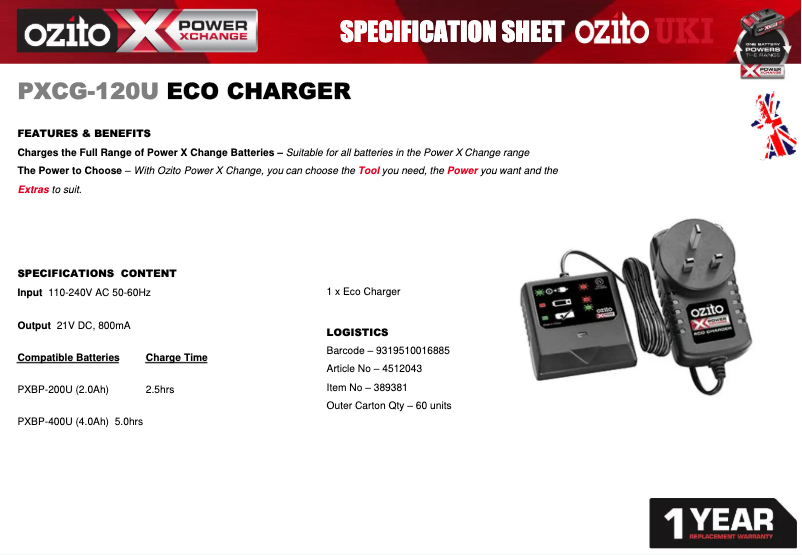 Page 1 de la notice Fiche technique Ozito PXCG-120U