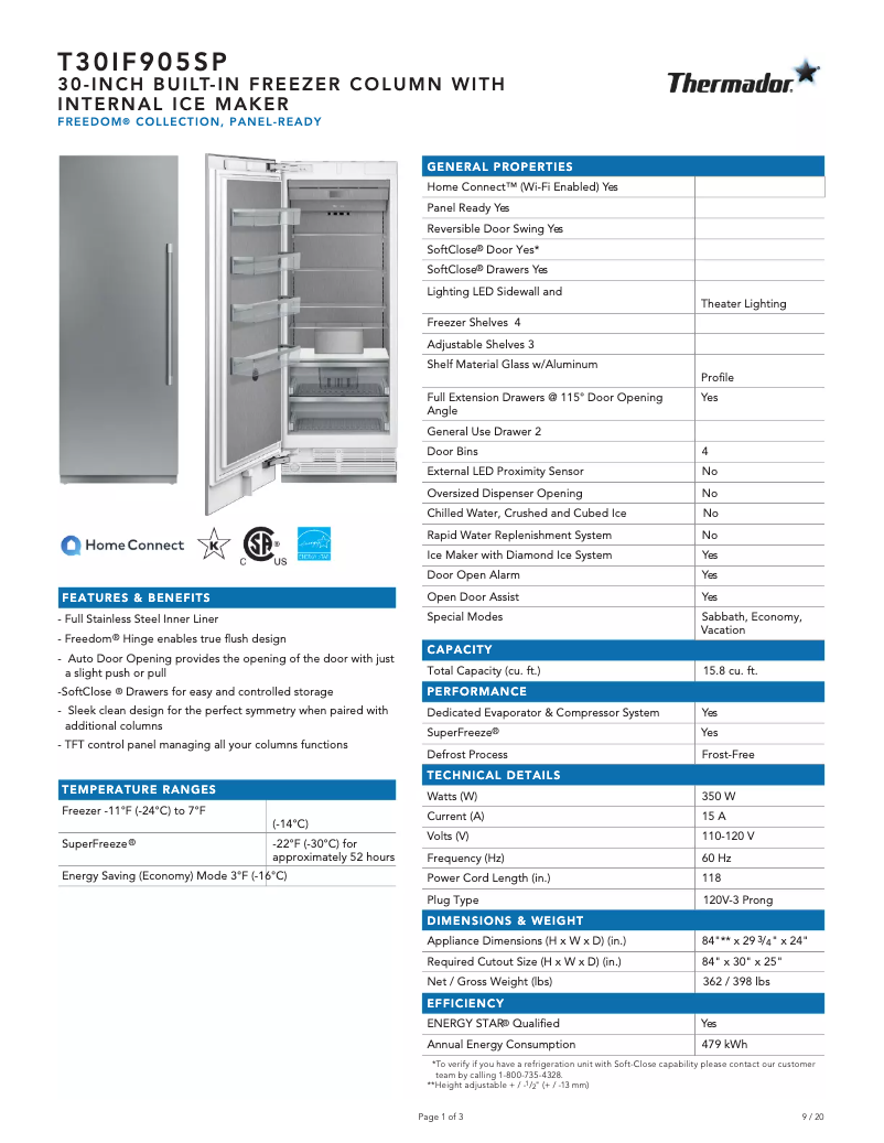 Page 1 of the manual Technical Sheet Thermador T30IF905SP