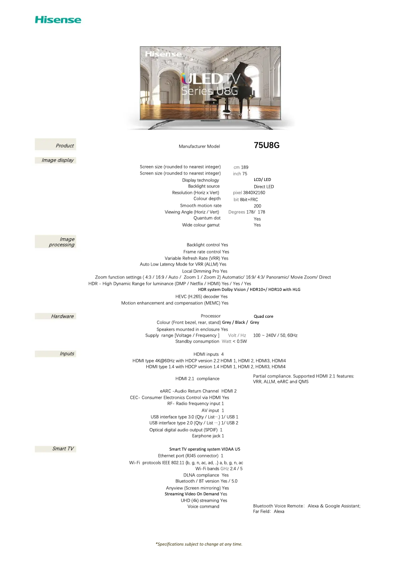 Página 1 del manual Ficha técnica Hisense U8G 75U8G