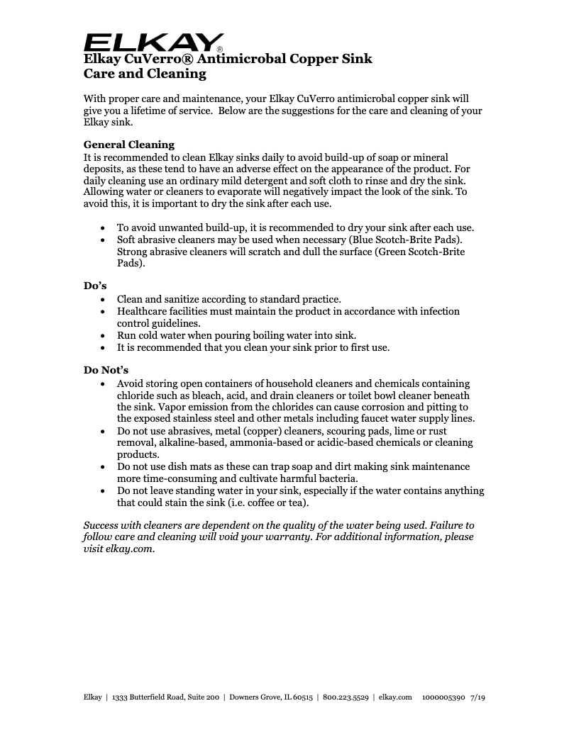 Página 1 del manual Manual de uso y mantenimiento Elkay CuVerro LRAD2521652-CU