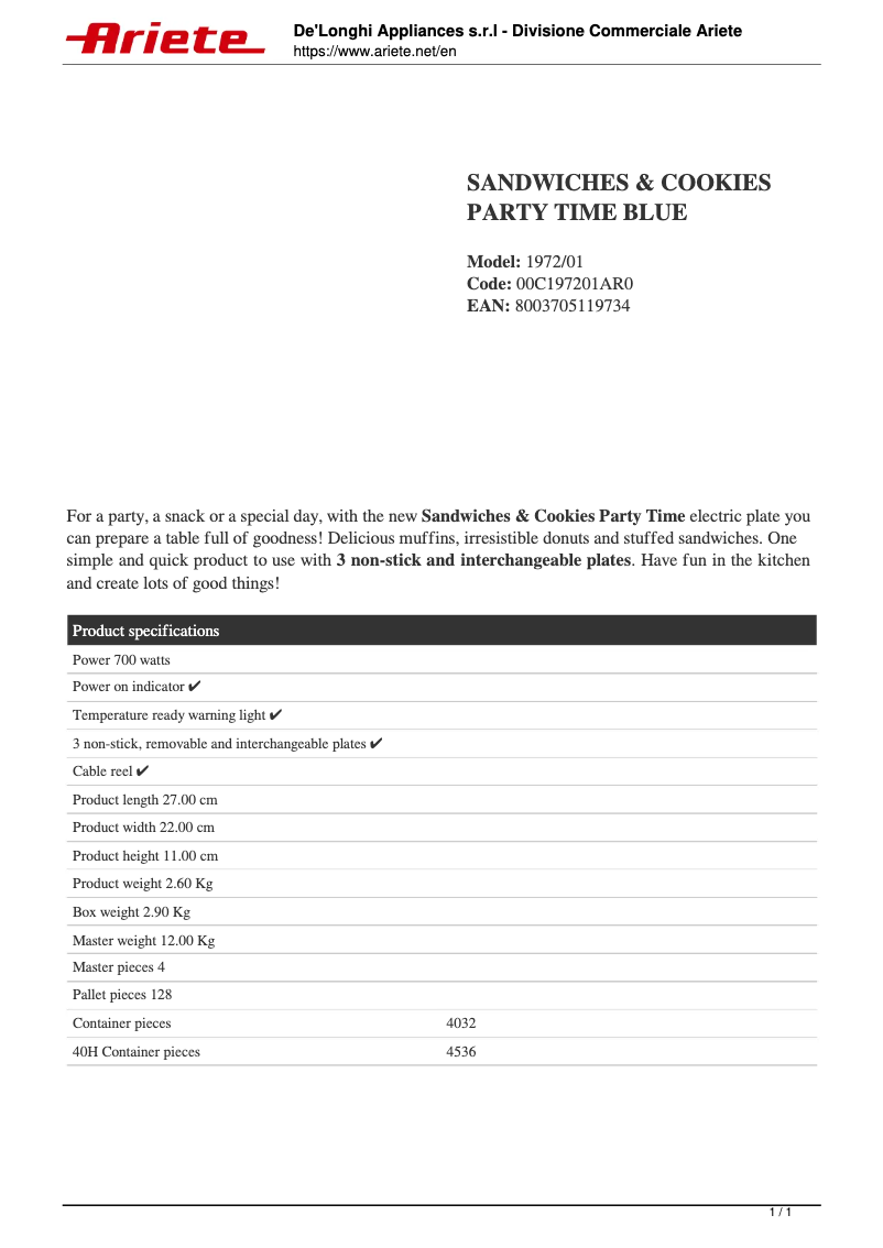 Page 1 de la notice Fiche technique Ariete Sandwiches & Cookies Party Time 1972