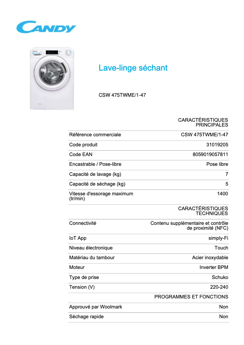 Page 1 de la notice Fiche technique Candy CSW 475TWME/1-47