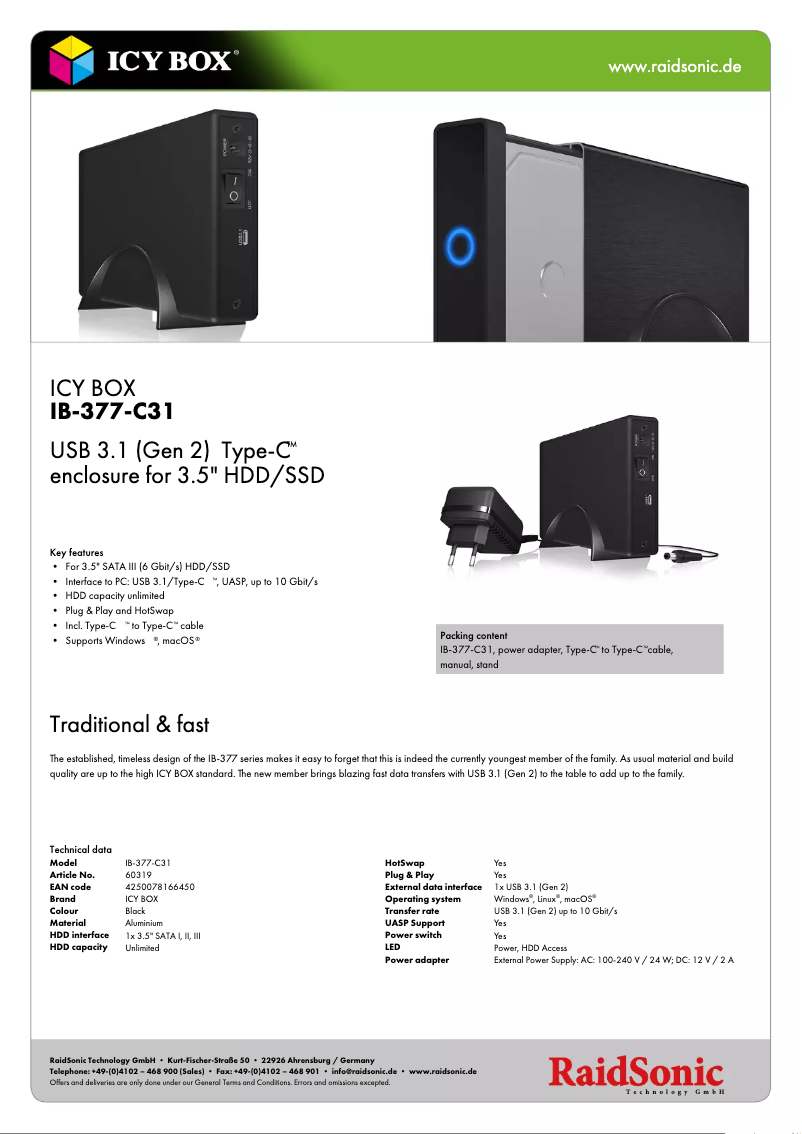 Página 1 del manual Ficha técnica Icy Box IB-377-C31