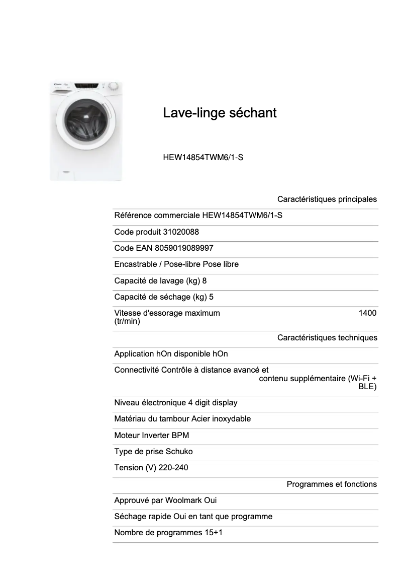 Page 1 de la notice Fiche technique Candy HEW14854TWM6/1-S