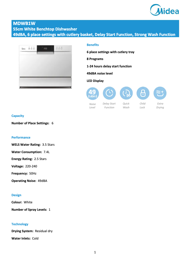 Page 1 de la notice Fiche technique Midea MDWB1W