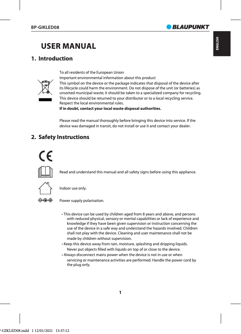Page 1 de la notice Manuel utilisateur Blaupunkt BP-GIKLED08