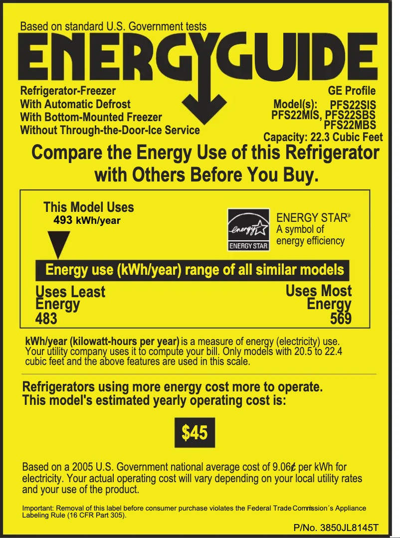 Page 1 of the manual Energy Label GE PFS22MBSBB