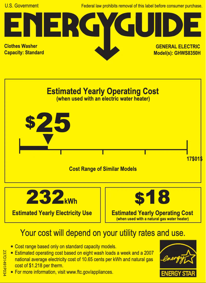 Page 1 de la notice Label énergétique GE GHWS8350HWS
