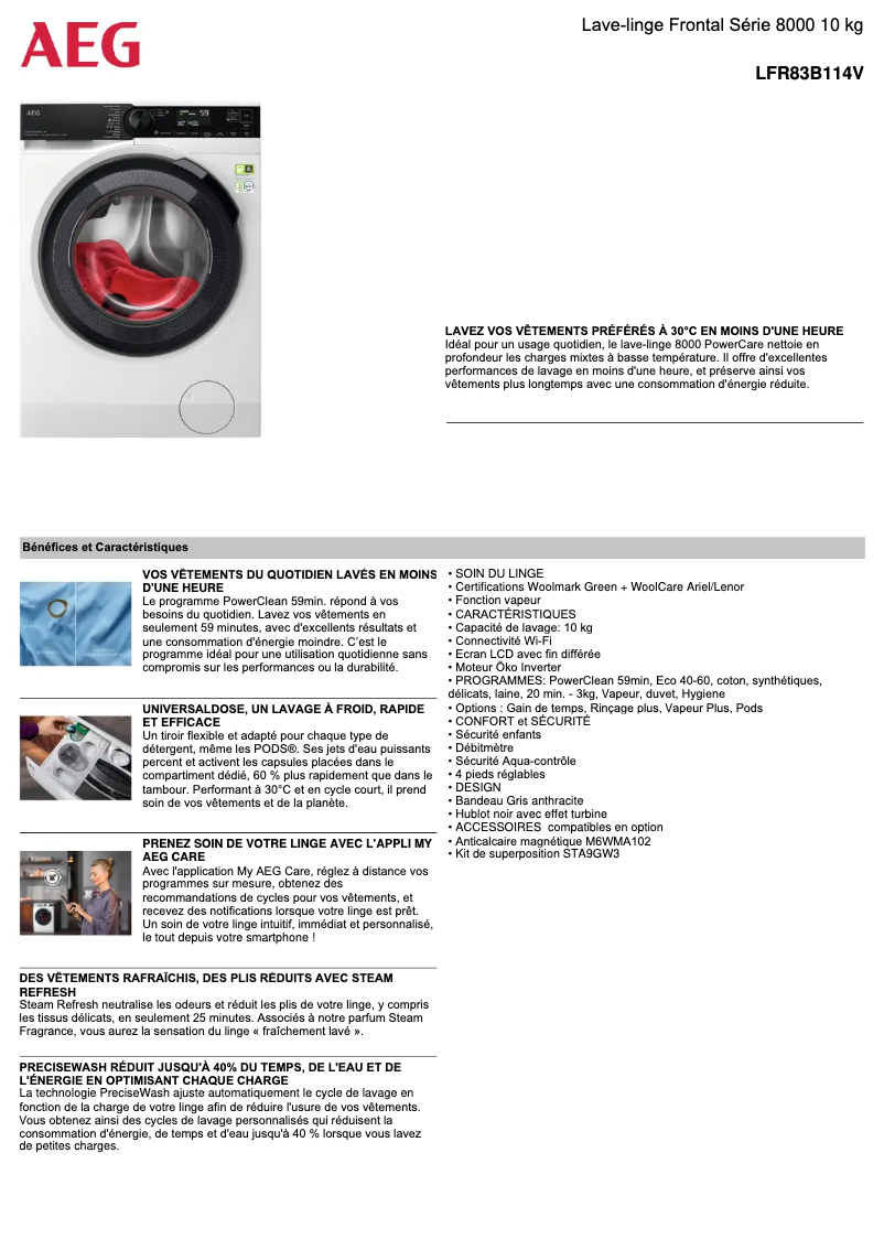 Page 1 de la notice Fiche technique AEG LFR83B114V