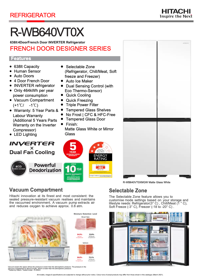 Page 1 de la notice Fiche technique Hitachi R-WB640VT0X