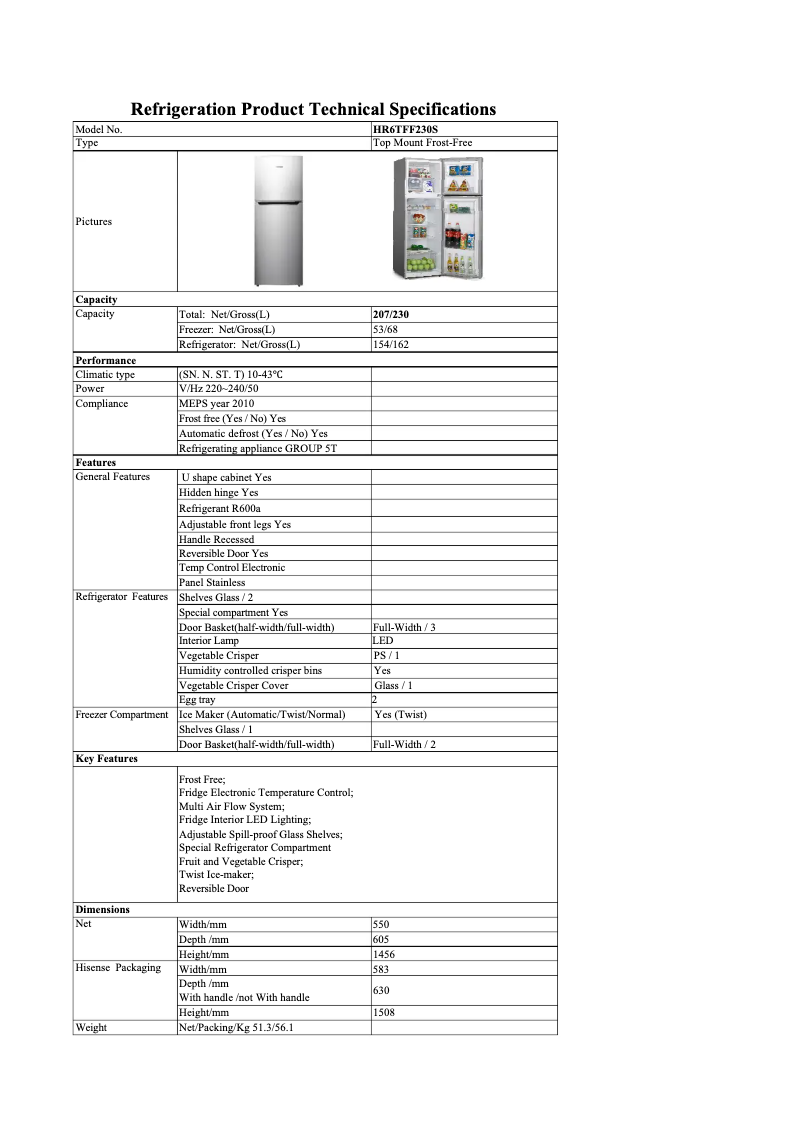 Page n°1 - Fiche technique Hisense HR6TFF230S