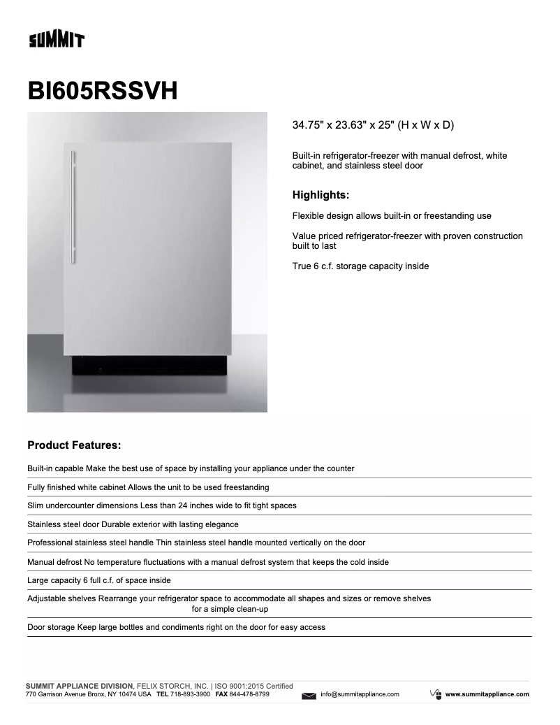 Page 1 de la notice Fiche technique Summit BI605RSSVH