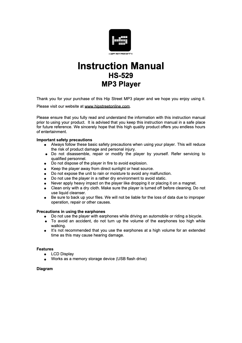 Page 1 de la notice Manuel utilisateur Hipstreet HS-529