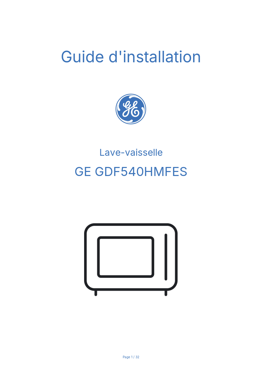 Page n°1 - Guide d'installation GE GDF540HMFES