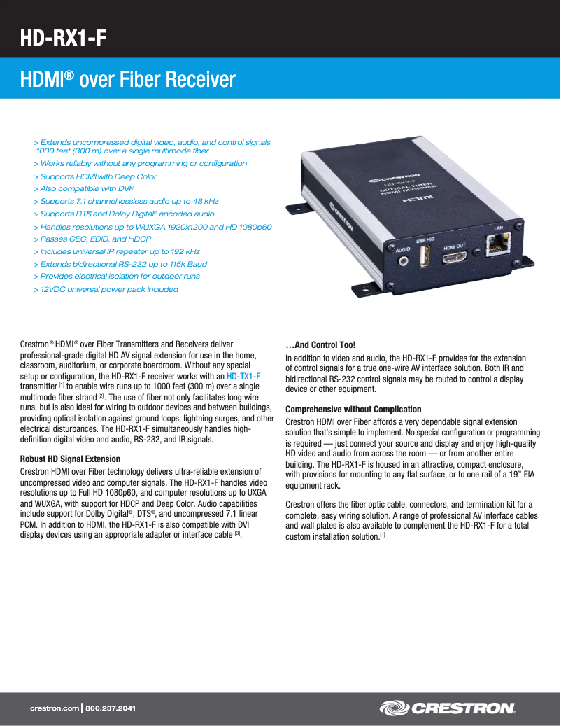 Page n°1 - Fiche technique Crestron HD-RX1-F