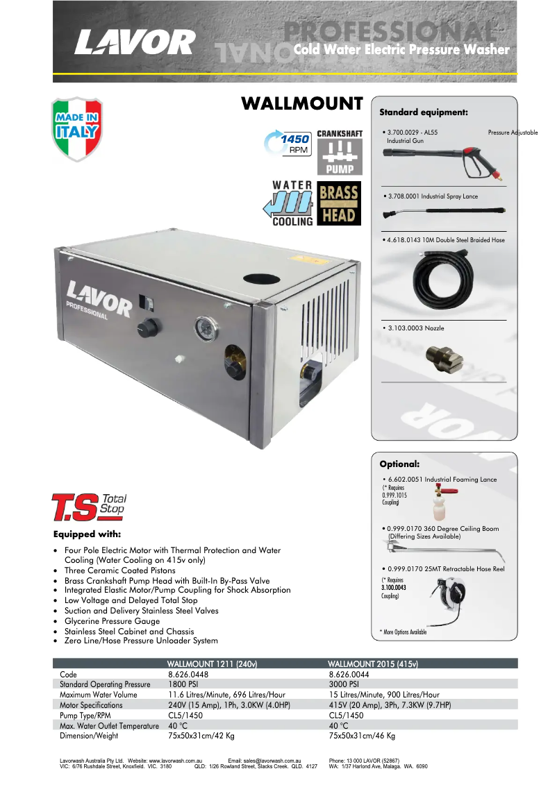 Page 1 de la notice Fiche technique Lavorwash WALLMOUNT1211