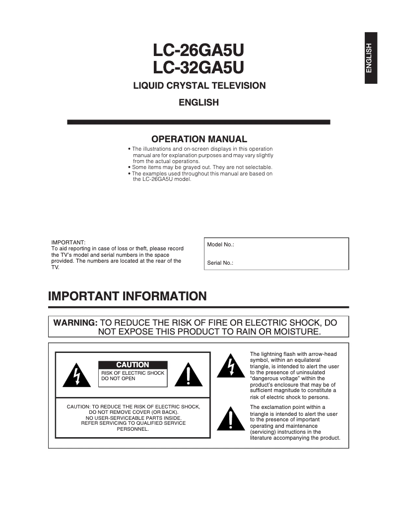 Page 1 de la notice Manuel utilisateur Sharp Aquos LC-26GA5U