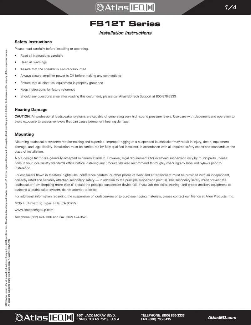 Page 1 de la notice Manuel utilisateur Atlas FS12T-SUB