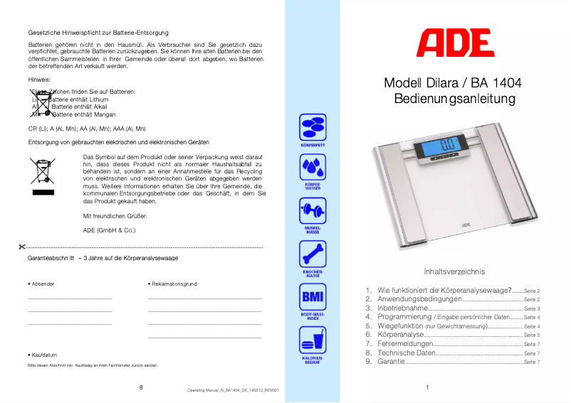 Page 1 de la notice Manuel utilisateur ADE Dilara BA 1404