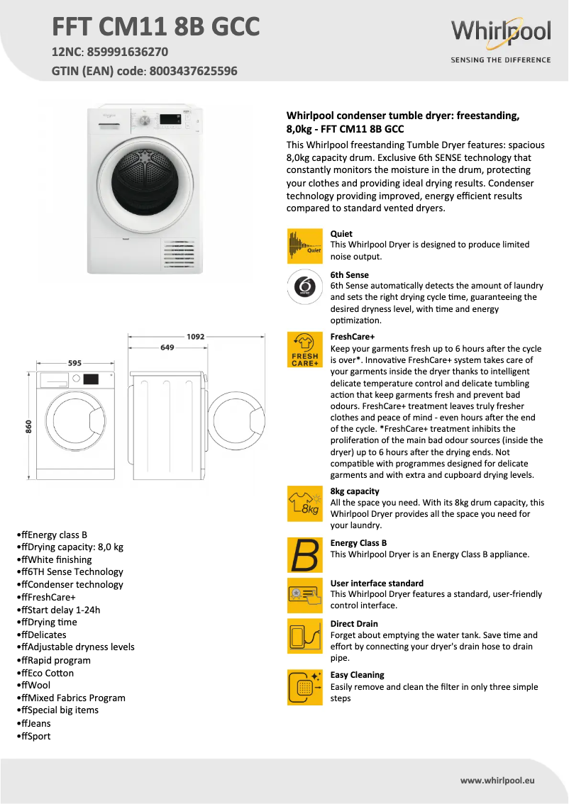 Página 1 del manual Ficha técnica Whirlpool FFT CM11 8B