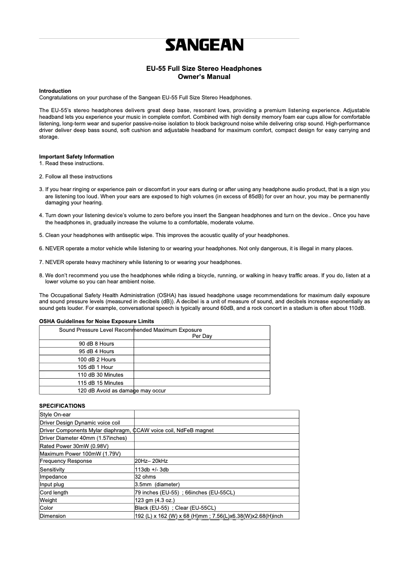 Image de la première page du manuel de l'appareil EU-55