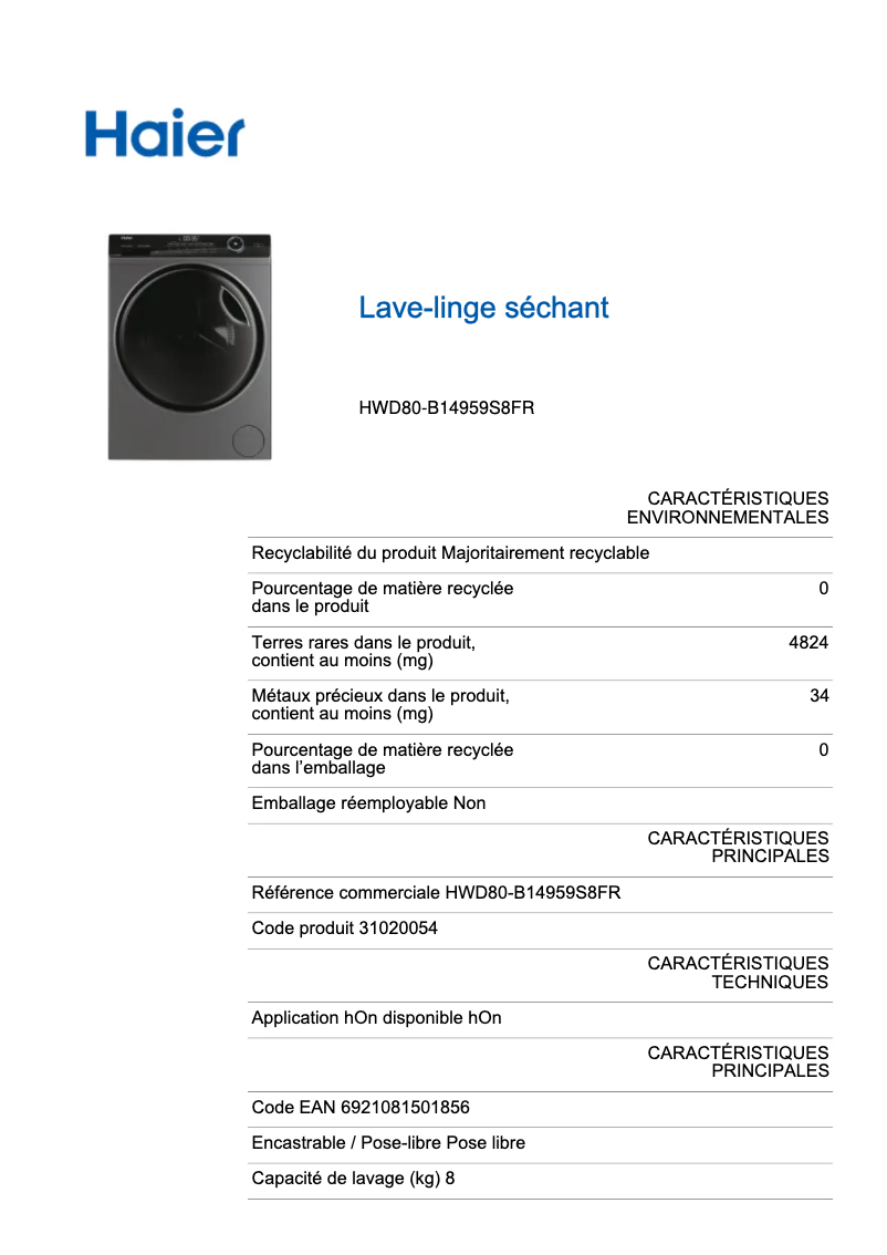 Page 1 de la notice Label énergétique Haier HWD80-B14959S8EU1