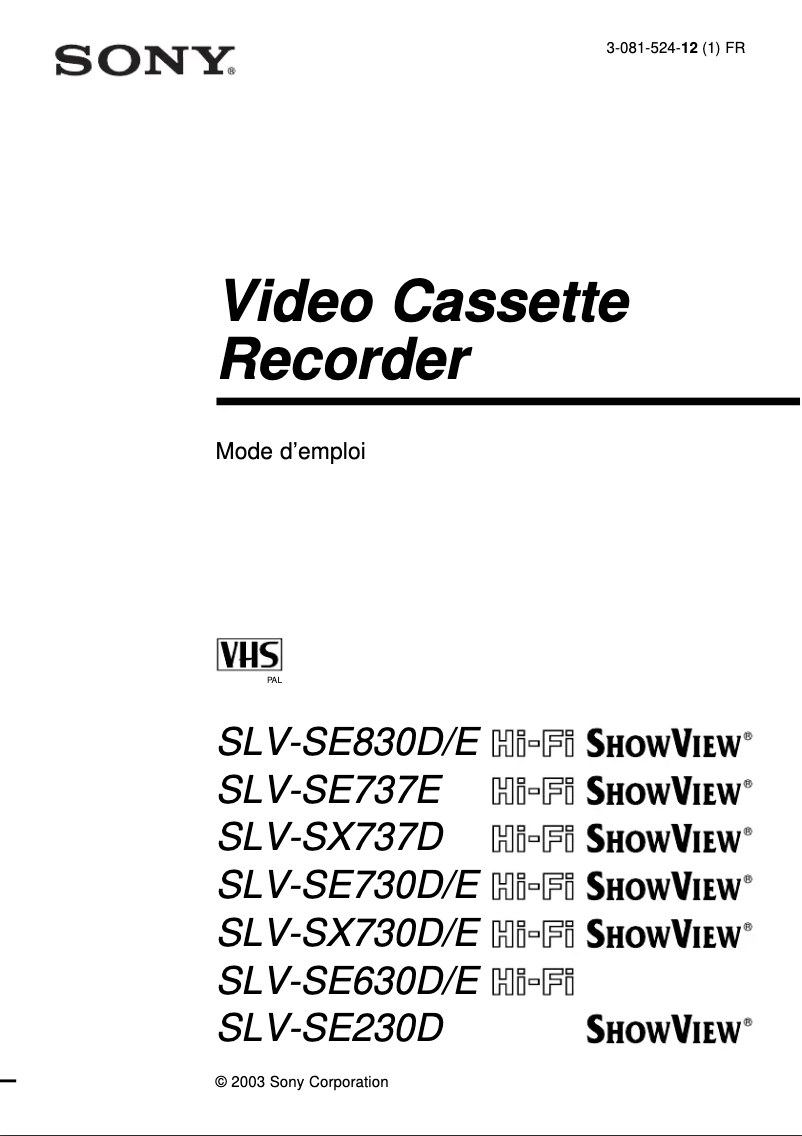 Page n°1 - Manuel utilisateur Sony SLV-SE230D