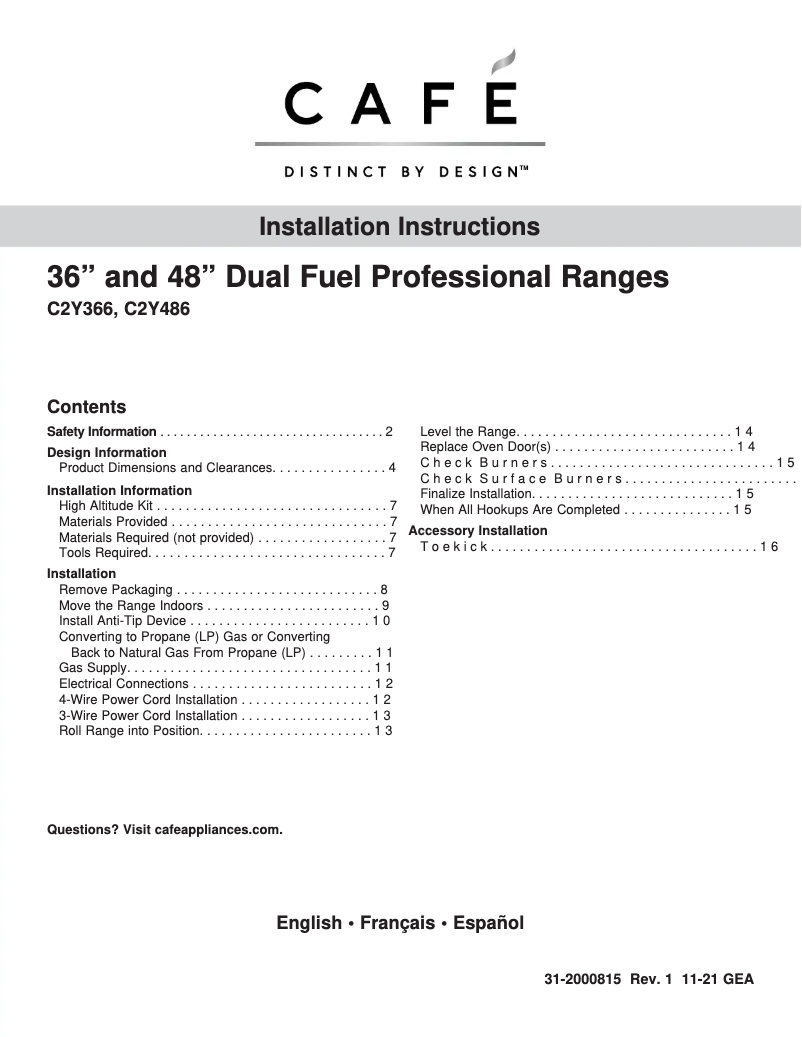Page n°1 - Guide d'installation GE C2Y366P3TD1
