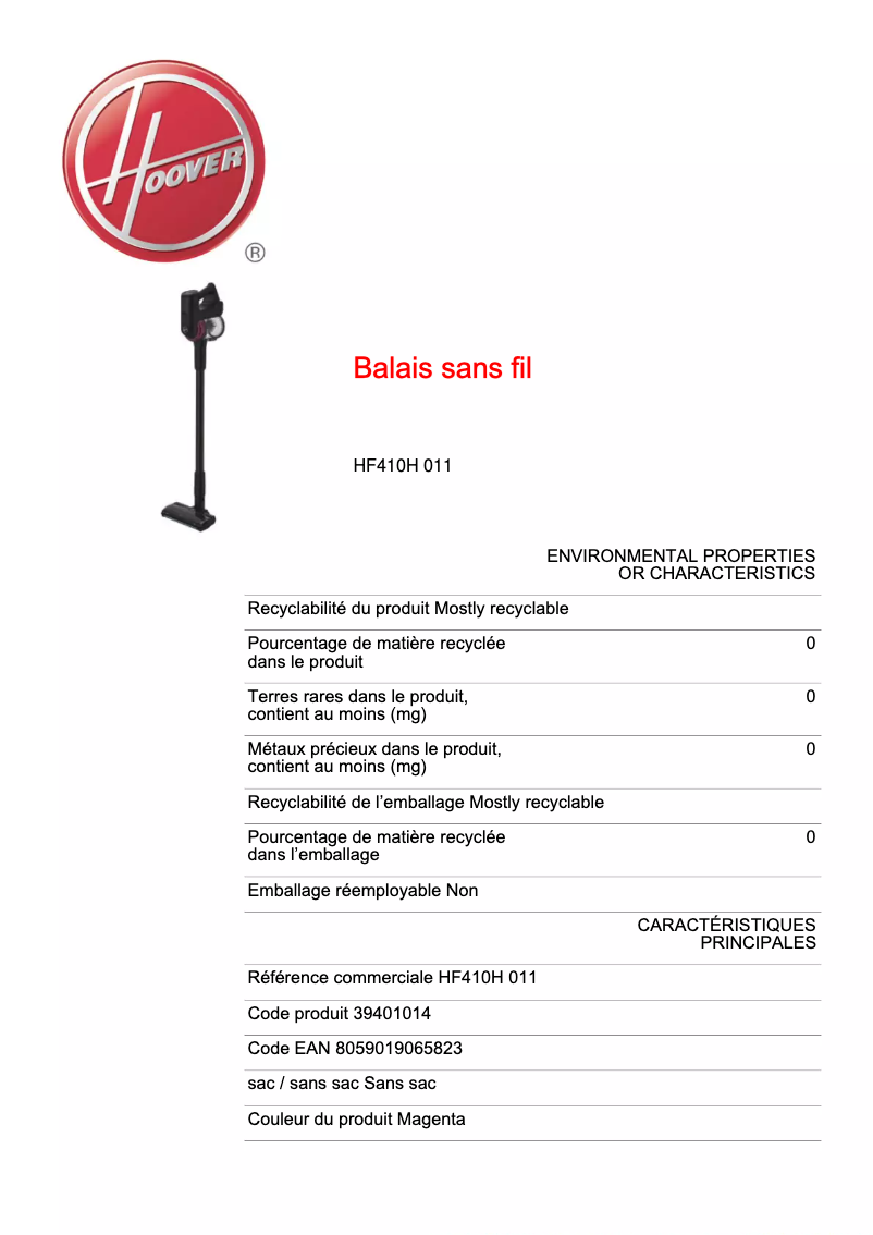 Page 1 de la notice Fiche technique Hoover H-FREE 100 HF410H