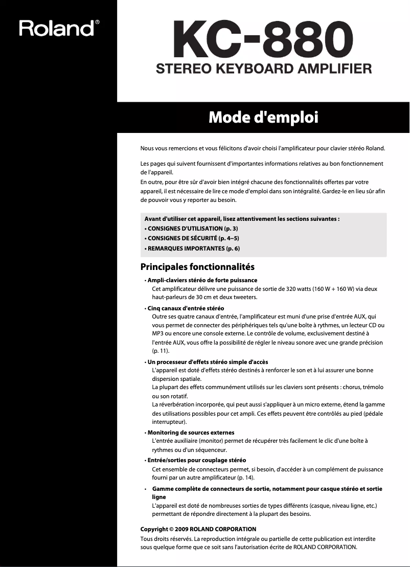 Page 1 de la notice Manuel utilisateur Roland KC-880