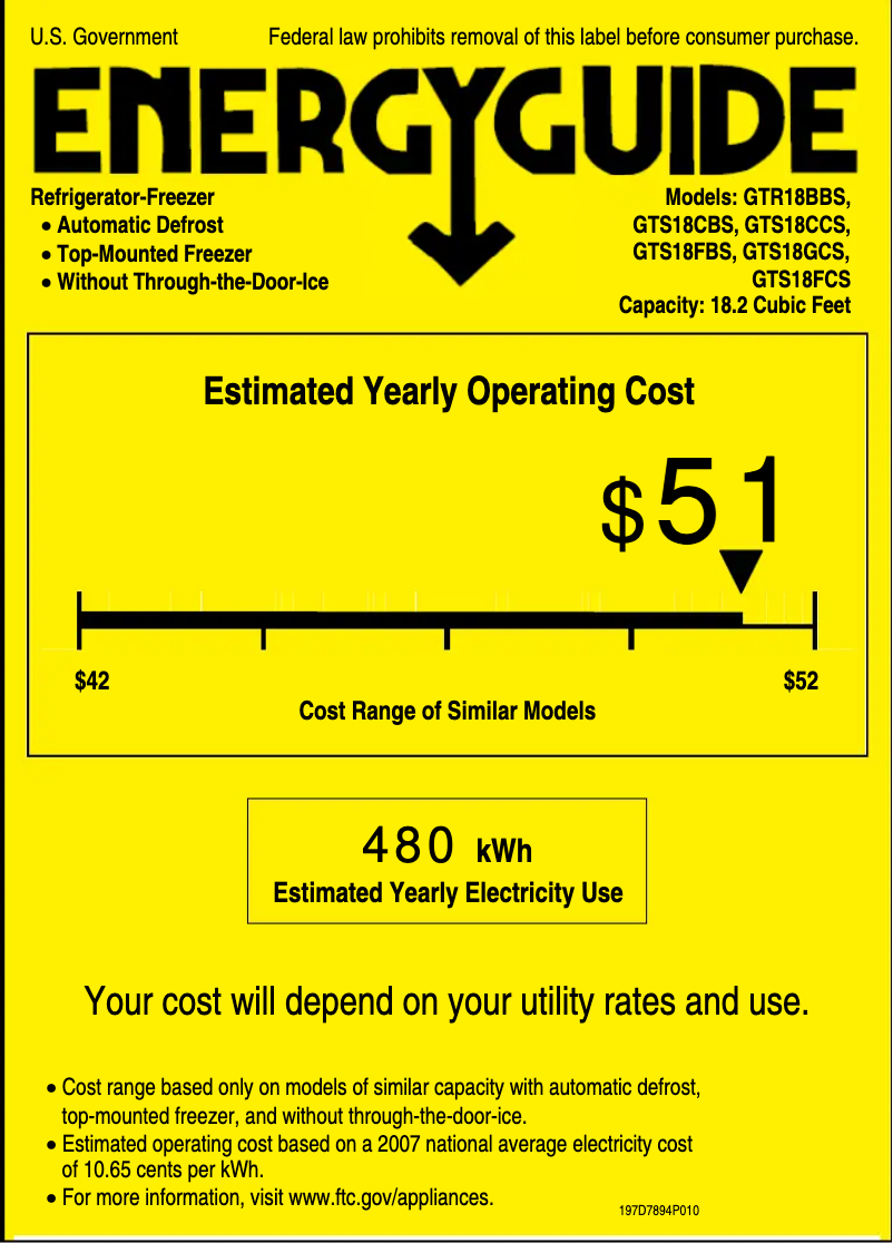 Page 1 de la notice Label énergétique GE GTS18FBSWW