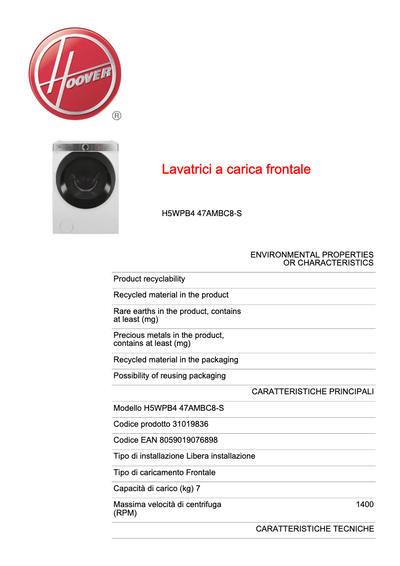 Page 1 de la notice Fiche technique Hoover H5WPB49AMBC8/1-S