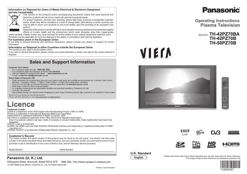 Page 1 de la notice Manuel utilisateur Panasonic Viera TH-42PZ70BA