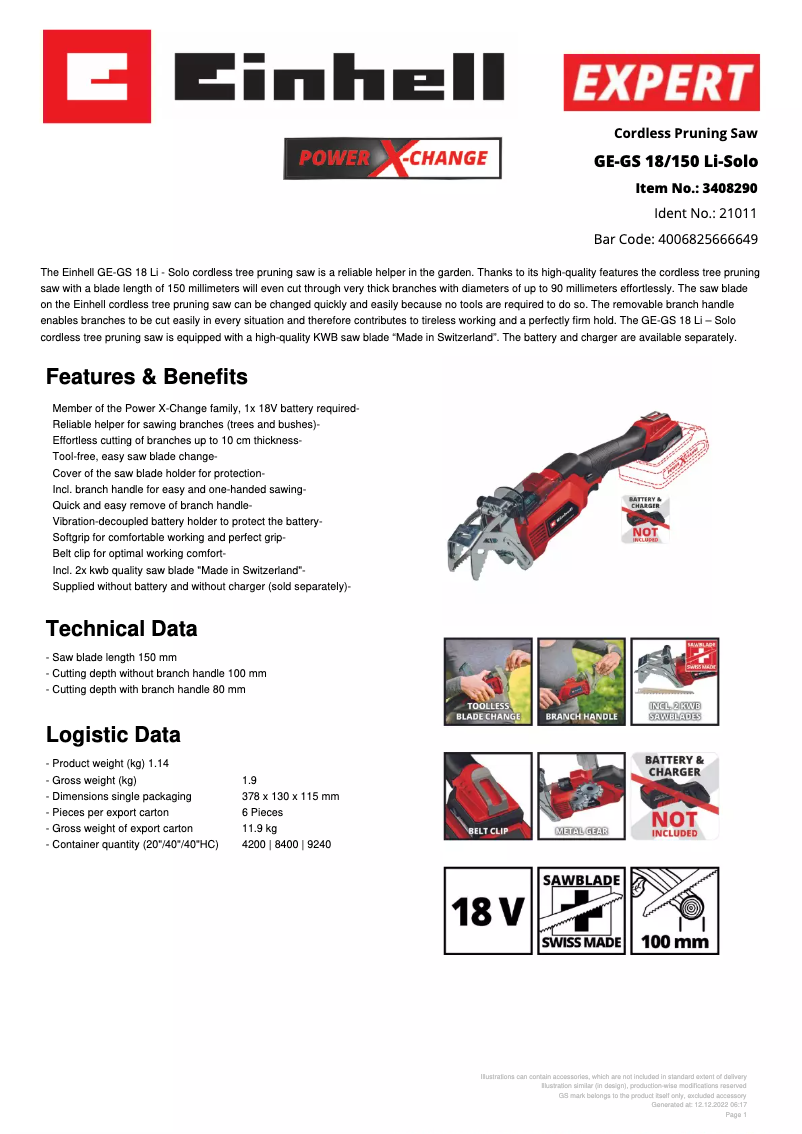 Page 1 de la notice Fiche technique Einhell GE-GS 18/150 Li-Solo